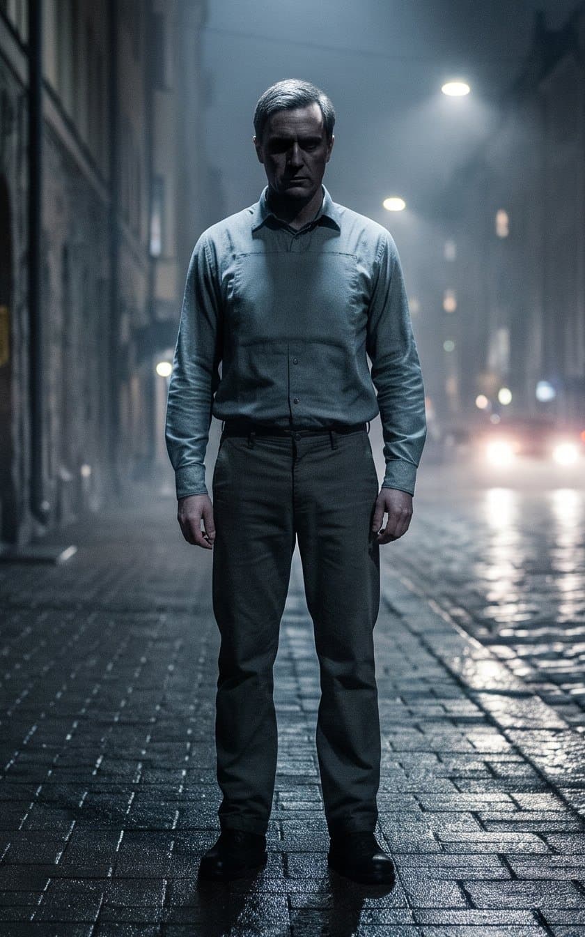 A man in shirtsleeves on a wet night street with nothing worn over his clothes, a flat panel showing through the shirt across his chest the only sign he is armored; his abdomen, arms and legs read as ordinary clothing.