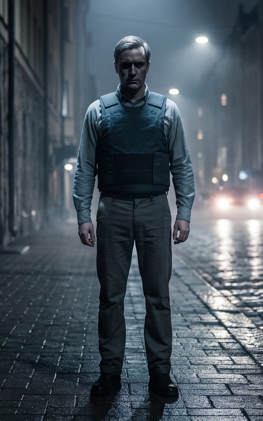 The same man in a bulky dark vest worn over the shirt, covering his chest and continuing down over his abdomen to the waistline; his arms are in shirtsleeves and his legs in ordinary trousers.