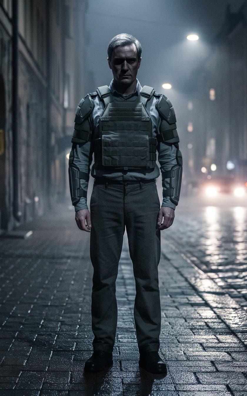 A plate carrier over his chest and abdomen with hard guards on the shoulders and arms running past the elbow; his head is bare and his legs are in ordinary trousers.