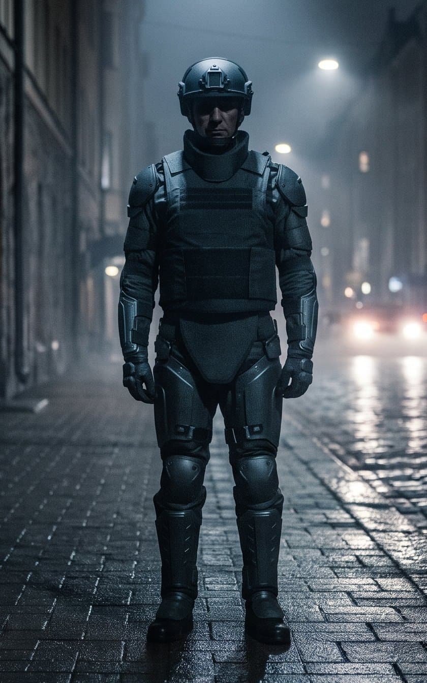 Full tactical armor with no part of him in ordinary clothing: a helmet over the head, throat and shoulder protection, plates over chest and abdomen, armored sleeves to the gloves, and leg armor running to the boot.