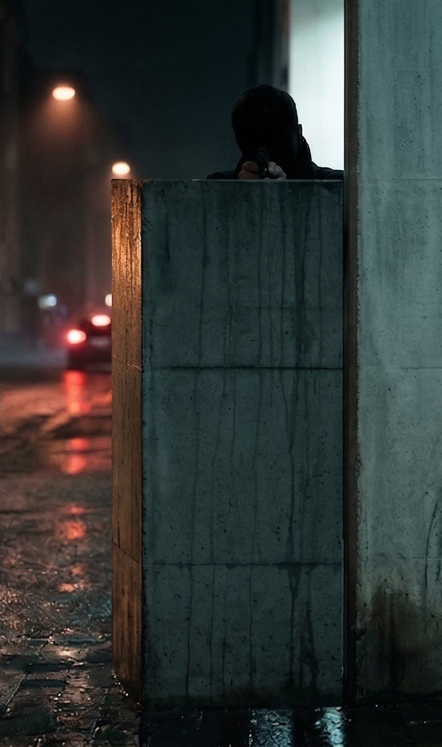 The block risen to his shoulders, leaving only his head and the pistol in his hands showing above the concrete.