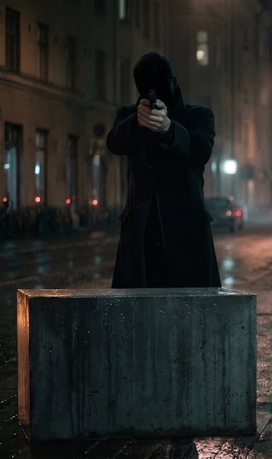 A poured-concrete block standing between the shooter and the camera, its top edge crossing him at the thighs; almost all of him stands clear above it.